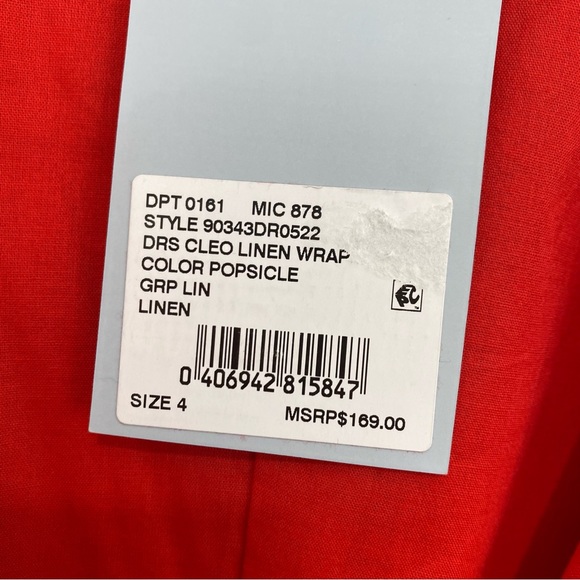 Antonio Melani Solid Red Linen Surplice V-Neck Short Puff Sleeve Wrap Tie Dress - Picture 11 of 15